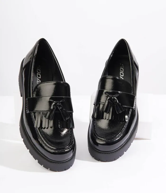 Black Patent Leatherette Chunky Loafers Shoes Unique Vintage Heels