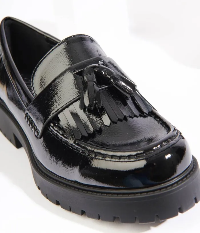 Black Patent Leatherette Chunky Loafers Shoes Unique Vintage Heels