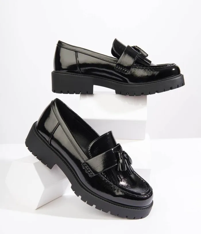 Black Patent Leatherette Chunky Loafers Shoes Unique Vintage Heels