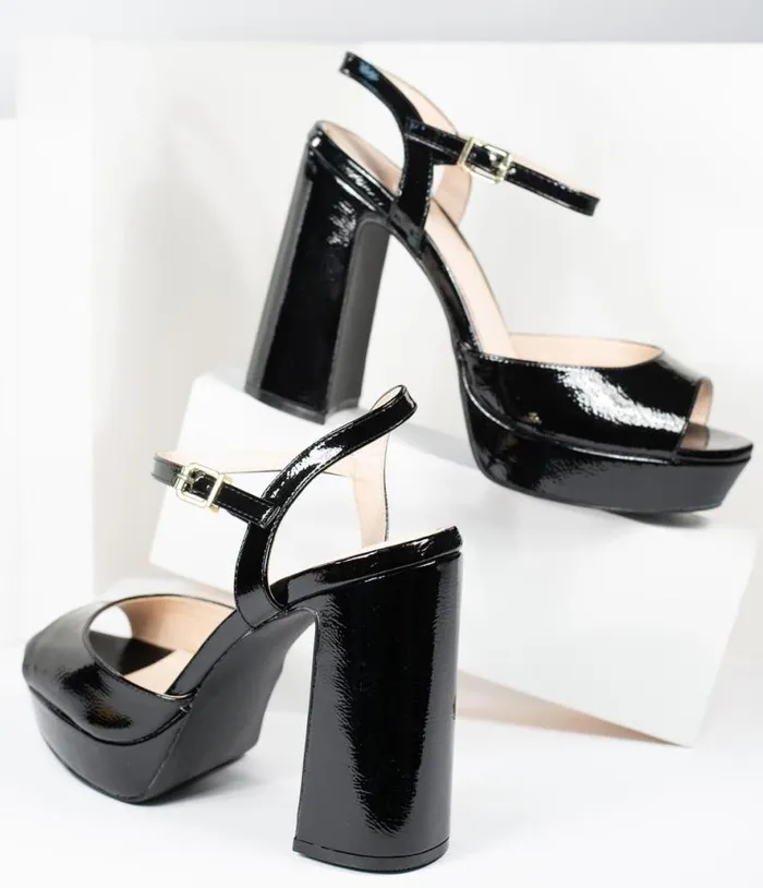 Black Patent Leatherette Peep Toe Platforms Shoes Unique Vintage Heels