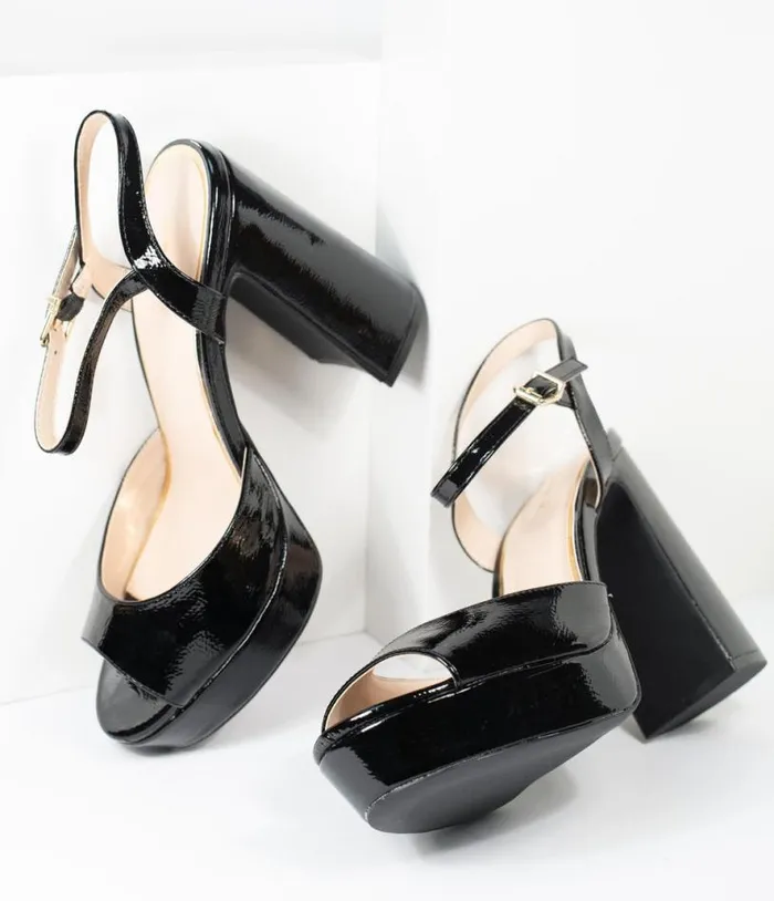 Black Patent Leatherette Peep Toe Platforms Shoes Unique Vintage Heels