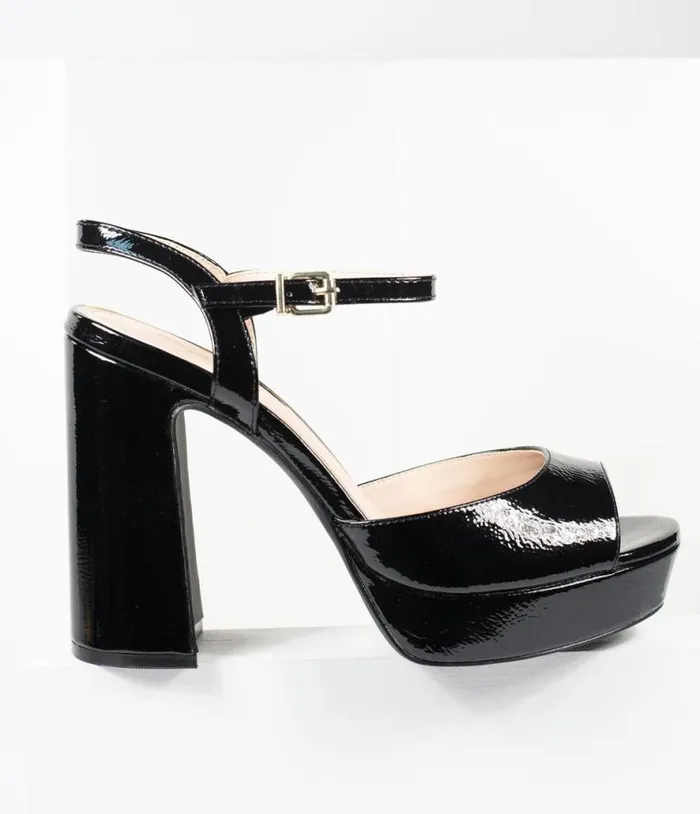 Black Patent Leatherette Peep Toe Platforms Shoes Unique Vintage Heels