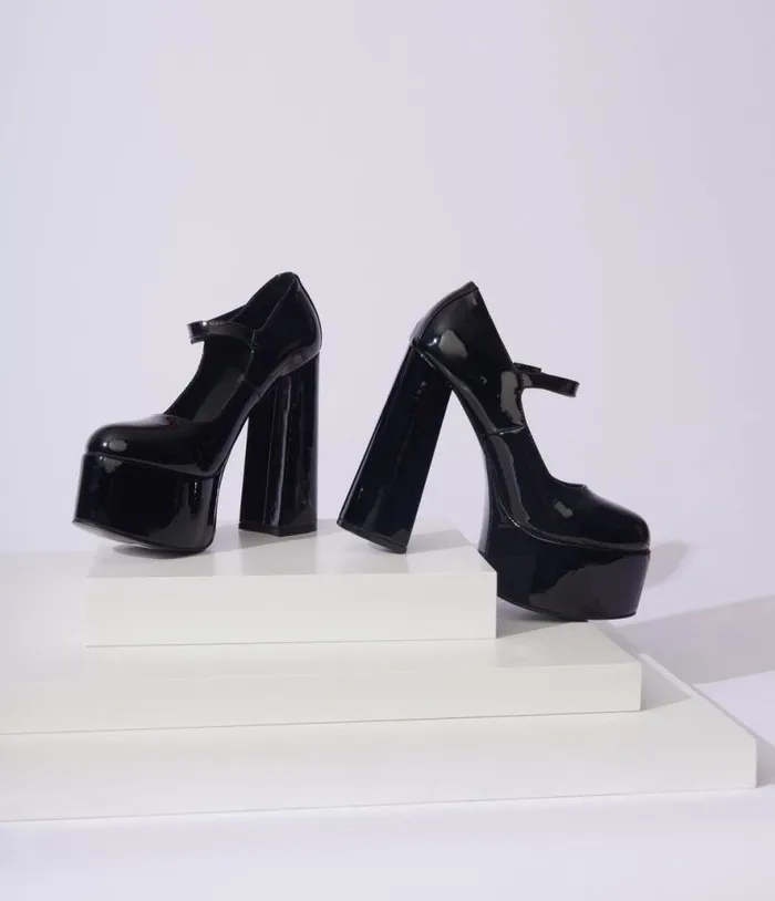 Black Patent Leatherette Platform Mary Jane Heels HalloweenShoes Unique Vintage Heels Black Patent Leatherette Platform Mary Jane Heels HalloweenShoes Unique Vintage Heels
