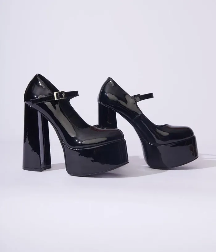 Black Patent Leatherette Platform Mary Jane Heels HalloweenShoes Unique Vintage Heels