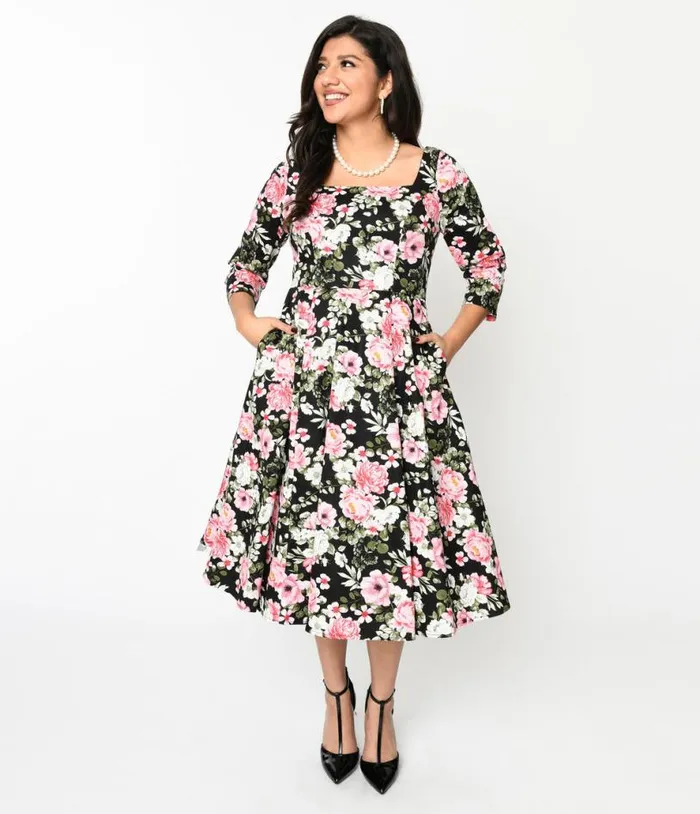 Black Pink Bloom Swing Dress DressesPlus Unique Vintage Pocket Dresses