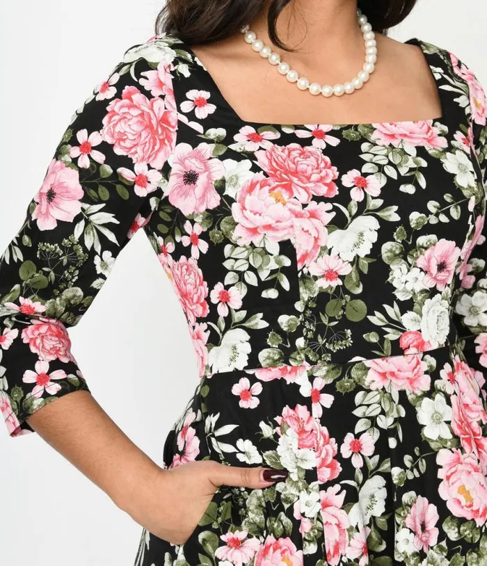 Black Pink Bloom Swing Dress DressesPlus Unique Vintage Pocket Dresses