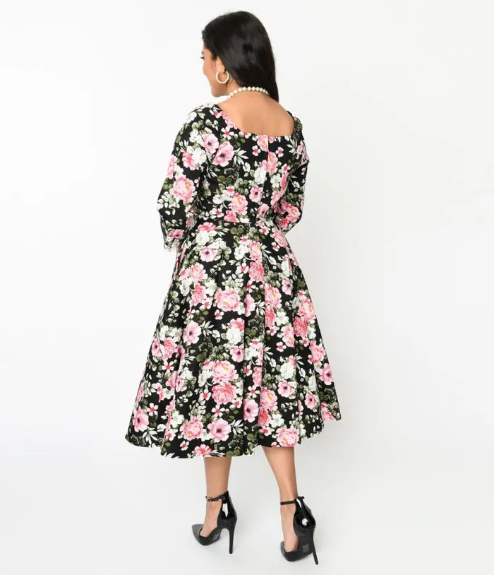 Black Pink Bloom Swing Dress DressesPlus Unique Vintage Pocket Dresses