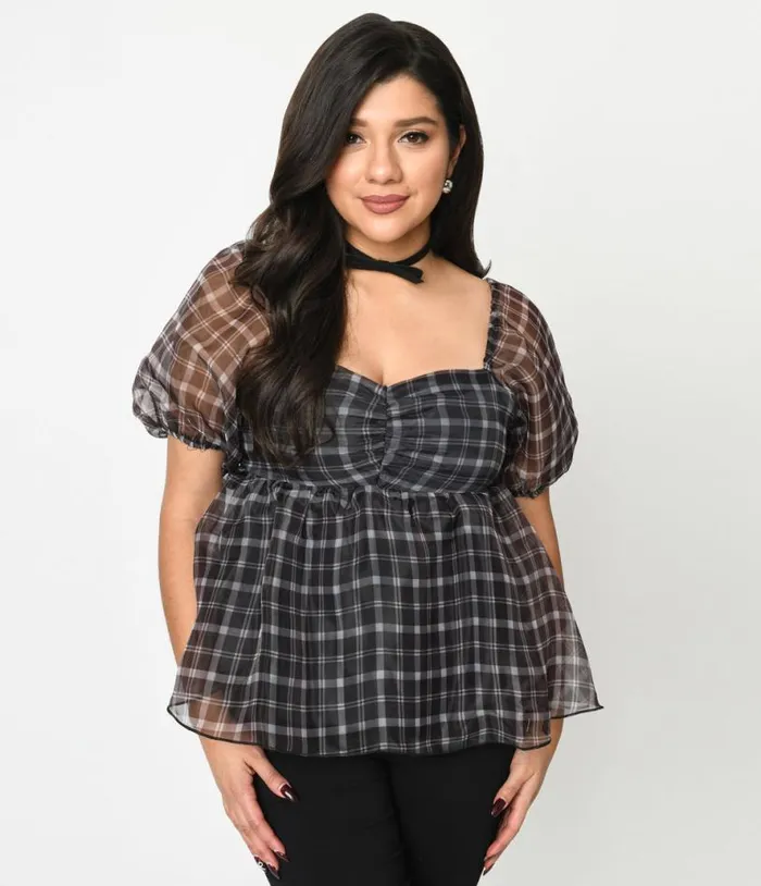 Black Plaid Babydoll Blouse Clothing Unique Vintage Blouses