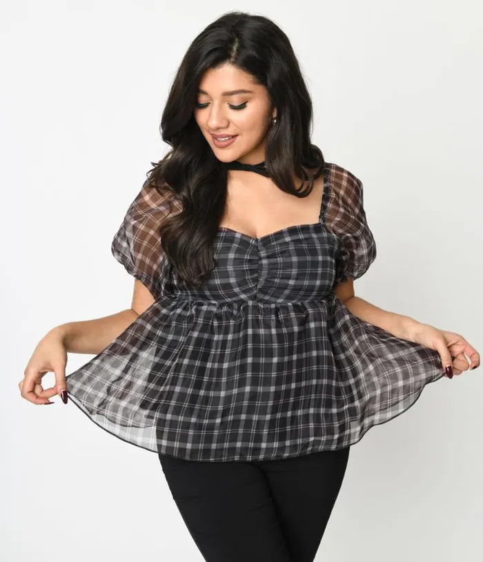 Black Plaid Babydoll Blouse Clothing Unique Vintage Blouses
