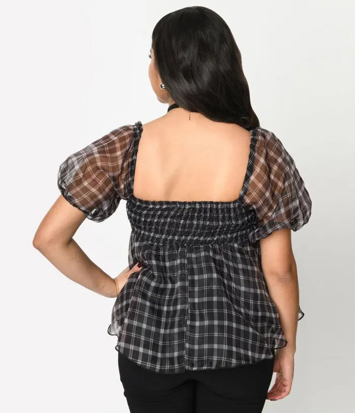 Black Plaid Babydoll Blouse Clothing Unique Vintage Blouses