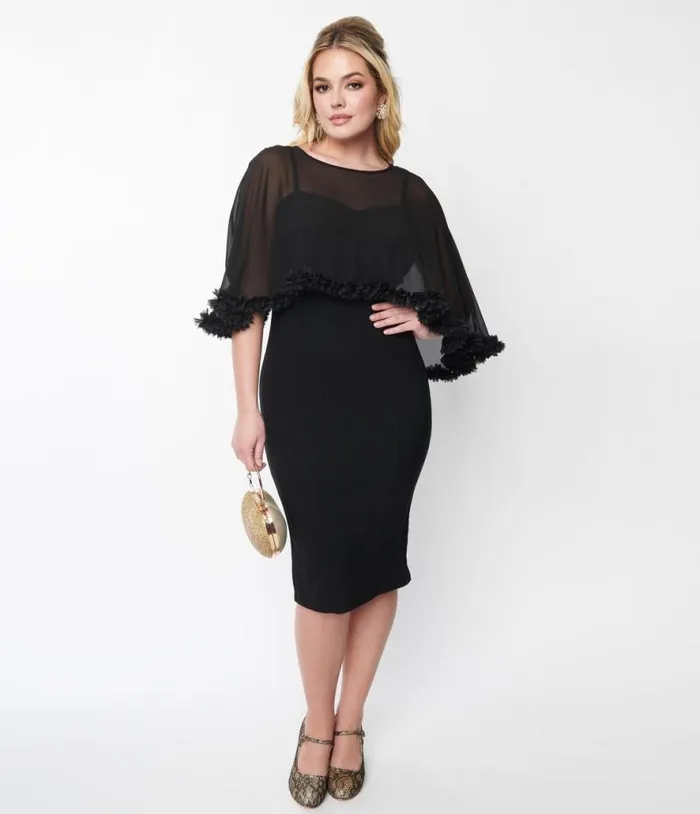 Black Ruffle Capelet Wiggle Dress DressesPlus Unique Vintage Pencil