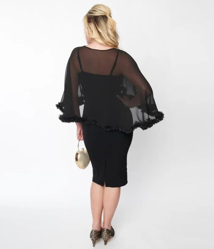 Black Ruffle Capelet Wiggle Dress DressesPlus Unique Vintage Pencil