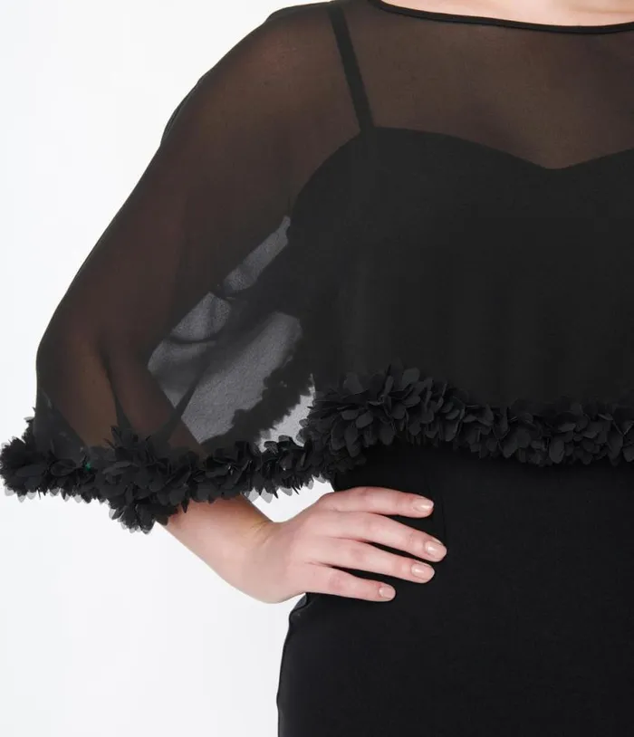 Black Ruffle Capelet Wiggle Dress DressesPlus Unique Vintage Pencil