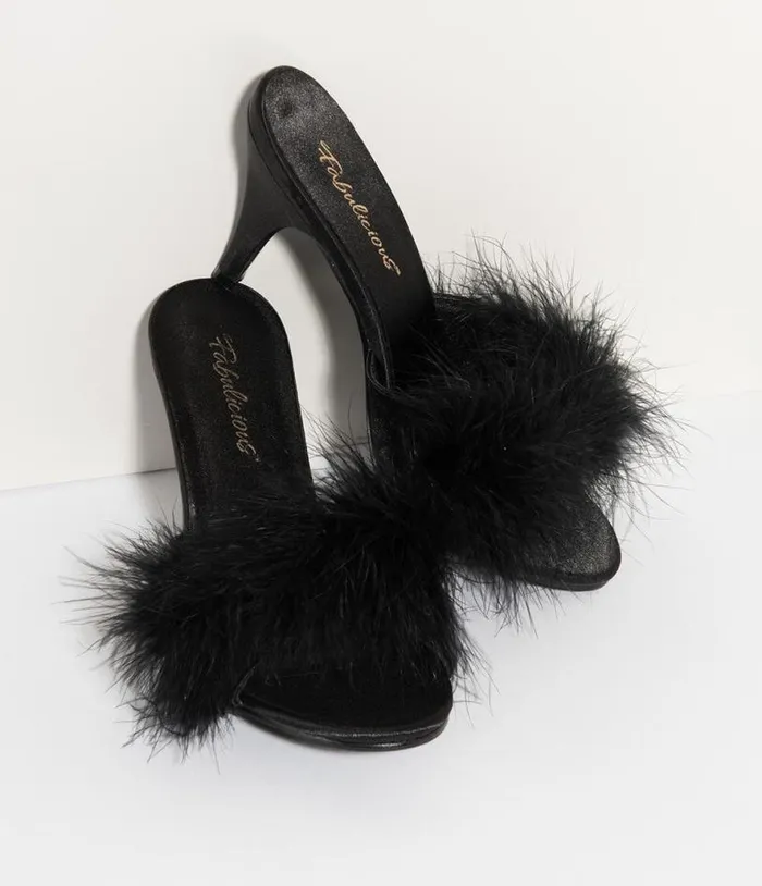 Black Satin and Marabou Feather Peep Toe Amour Heel Slipper Shoes Unique Vintage Heels Black Satin and Marabou Feather Peep Toe Amour Heel Slipper Shoes Unique Vintage Heels