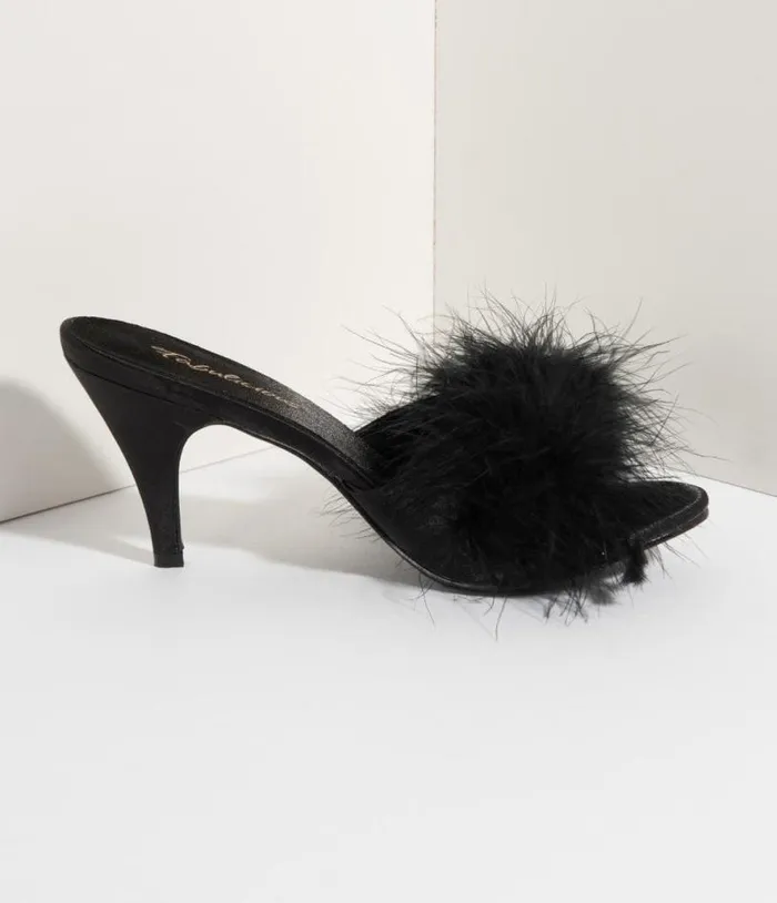 Black Satin and Marabou Feather Peep Toe Amour Heel Slipper Shoes Unique Vintage Heels