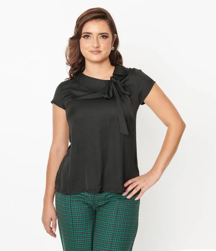 Black Satin Bow Blouse Clothing Unique Vintage Blouses
