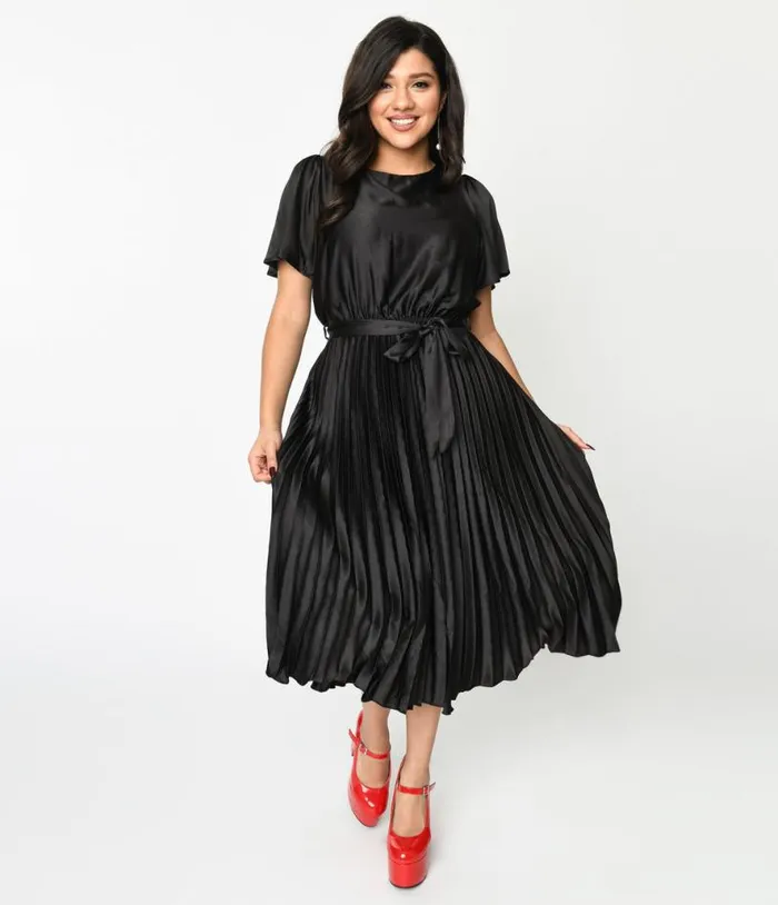 Black Satin Pleated Midi Dress Dresses Unique Vintage Midi