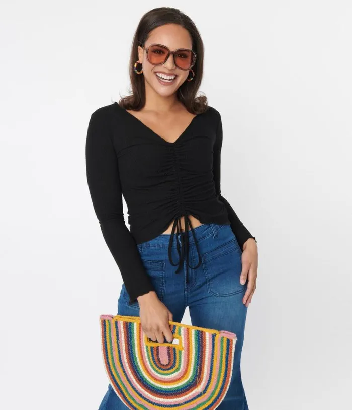 Black Scallop Hem Ruched Long Sleeve Top Clothing Unique Vintage Blouses