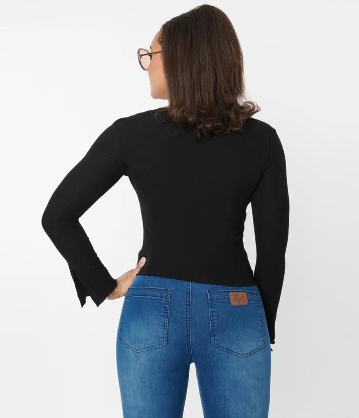 Black Scallop Hem Ruched Long Sleeve Top Clothing Unique Vintage Blouses