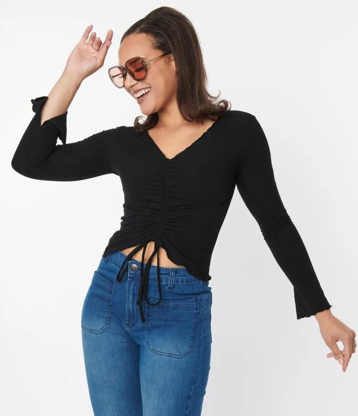 Black Scallop Hem Ruched Long Sleeve Top Clothing Unique Vintage Blouses