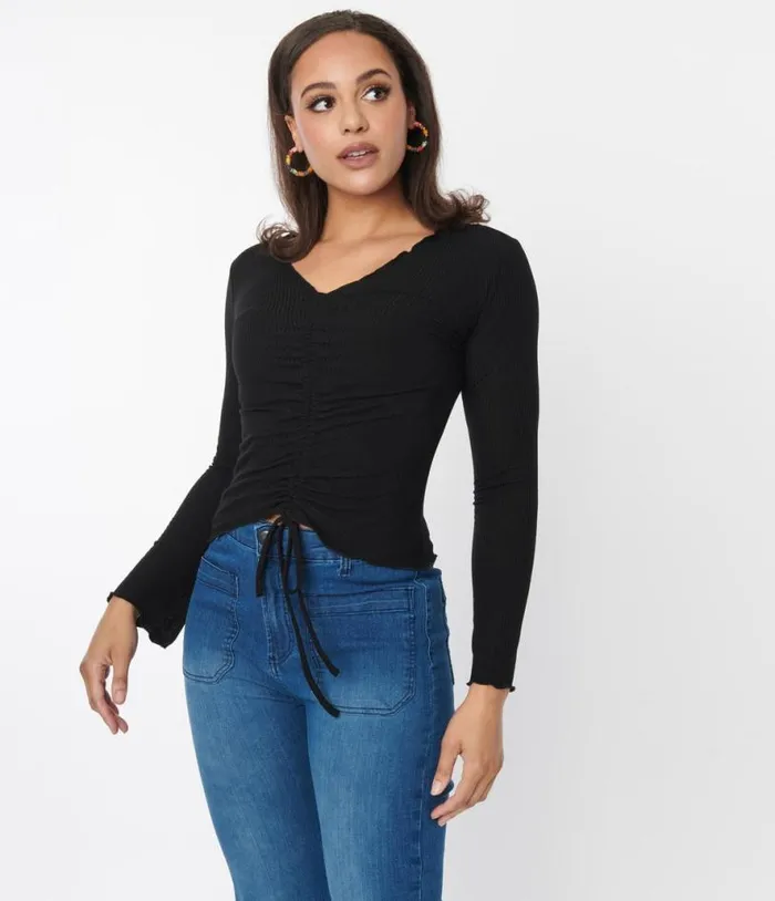 Black Scallop Hem Ruched Long Sleeve Top Clothing Unique Vintage Blouses