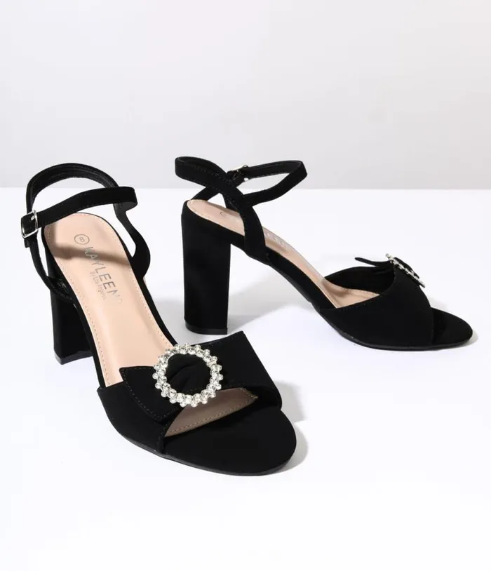 Black Suede and Silver Rhinestone Peep Toe Heels Shoes Unique Vintage Heels
