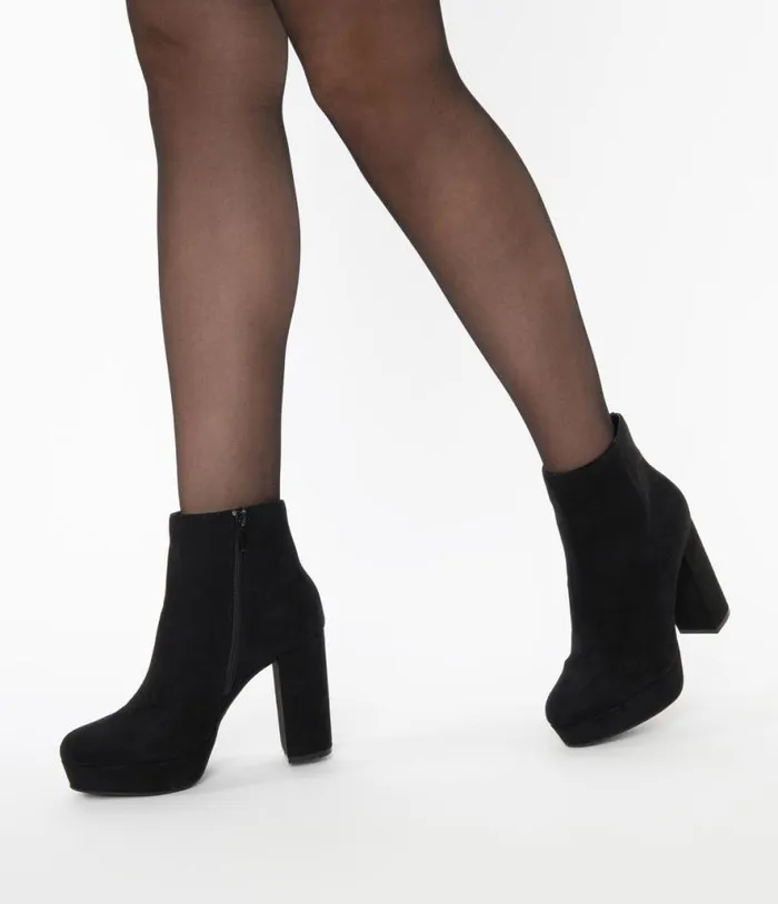 Black Suede Platform Heel Booties Shoes Unique Vintage Heels