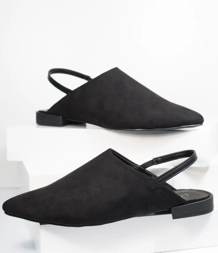 Black Suede Pointed Toe Slingback Flats Shoes Unique Vintage Flats