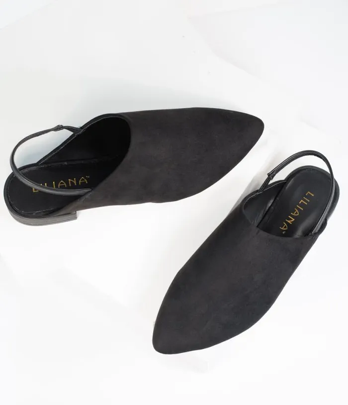 Black Suede Pointed Toe Slingback Flats Shoes Unique Vintage Flats