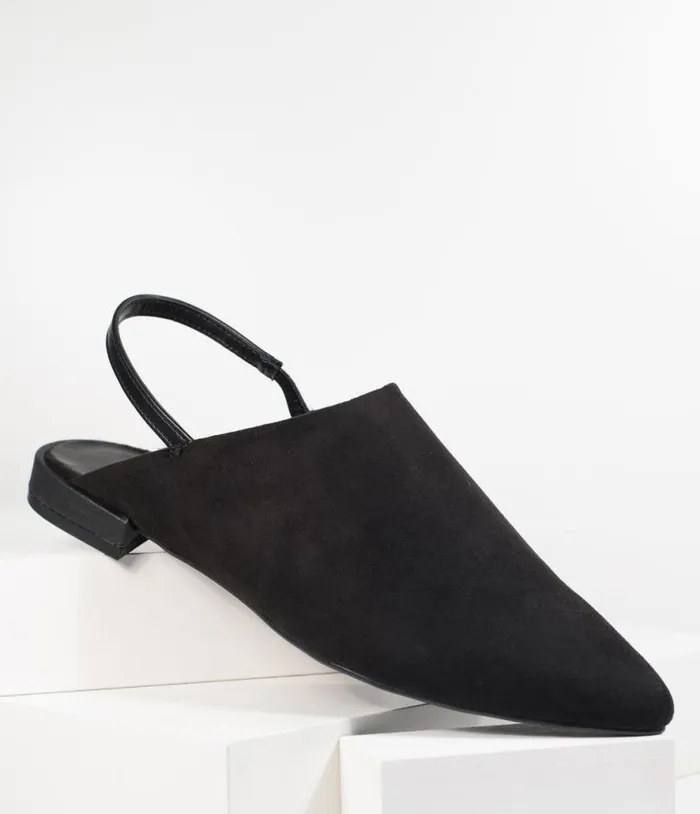 Black Suede Pointed Toe Slingback Flats Shoes Unique Vintage Flats
