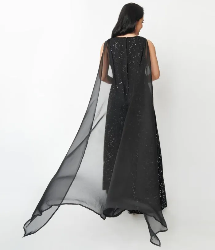 Black Velvet Constellation Cape Gown DressesPlus Unique Vintage Midi and Maxi