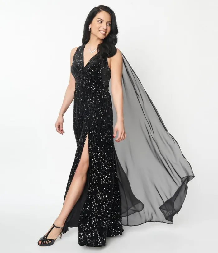 Black Velvet Constellation Cape Gown DressesPlus Unique Vintage Midi and Maxi
