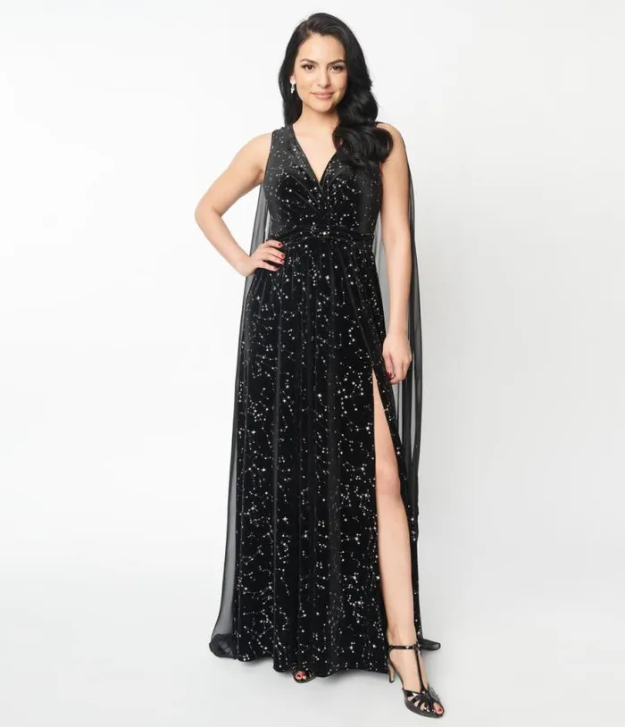 Black Velvet Constellation Cape Gown DressesPlus Unique Vintage Midi and Maxi