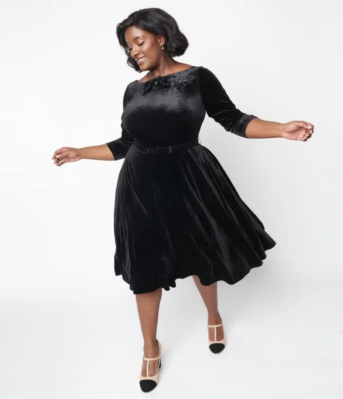 Black Velvet Faux Bow Devon Swing Dress DressesPlus Unique Vintage Pocket Dresses Black Velvet Faux Bow Devon Swing Dress DressesPlus Unique Vintage Pocket Dresses