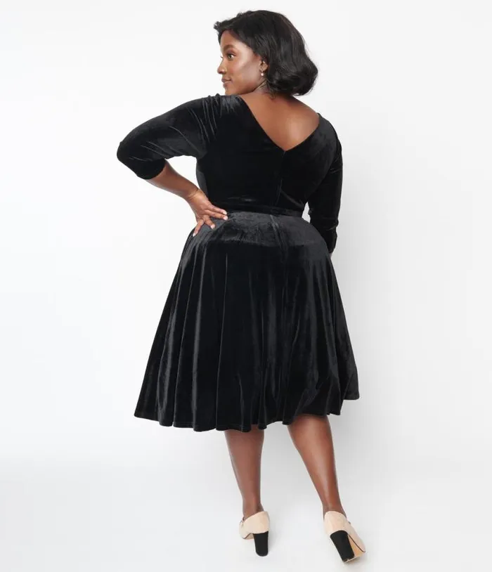 Black Velvet Faux Bow Devon Swing Dress DressesPlus Unique Vintage Pocket Dresses