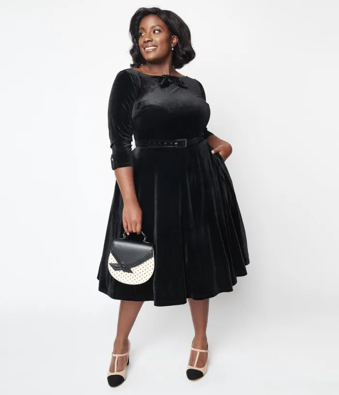 Black Velvet Faux Bow Devon Swing Dress DressesPlus Unique Vintage Pocket Dresses