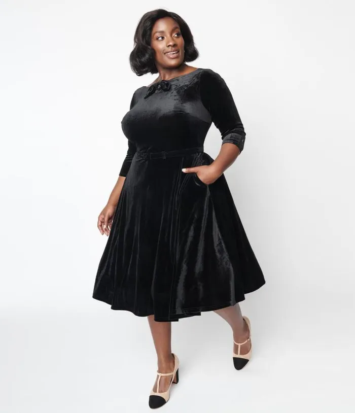 Black Velvet Faux Bow Devon Swing Dress DressesPlus Unique Vintage Pocket Dresses