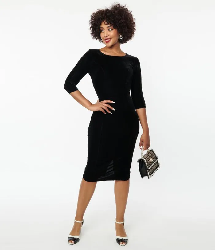 Black Velvet Sleeved Mod Wiggle Dress Dresses Unique Vintage Pencil