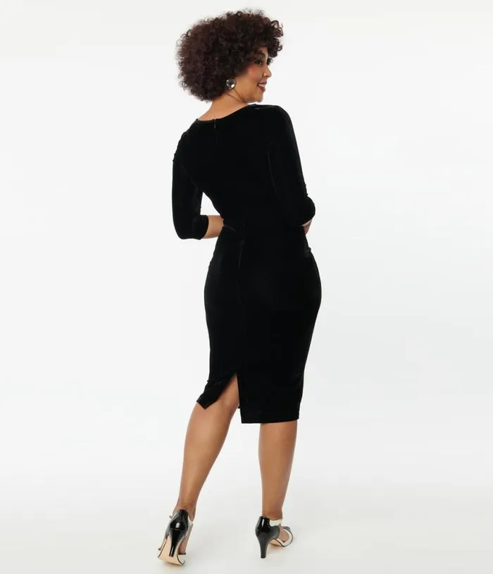 Black Velvet Sleeved Mod Wiggle Dress Dresses Unique Vintage Pencil