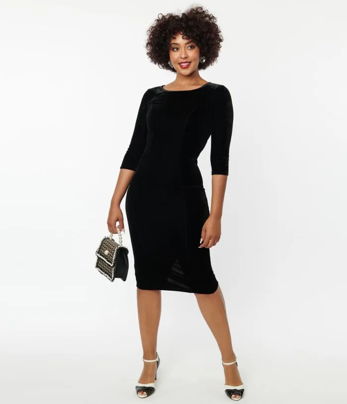 Black Velvet Sleeved Mod Wiggle Dress Dresses Unique Vintage Pencil
