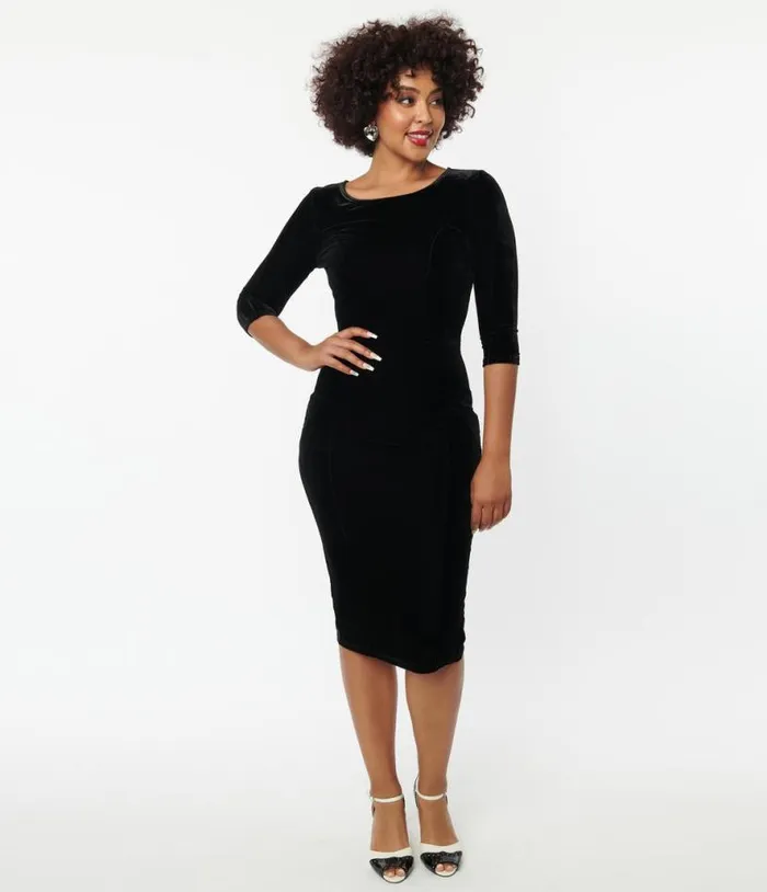 Black Velvet Sleeved Mod Wiggle Dress Dresses Unique Vintage Pencil