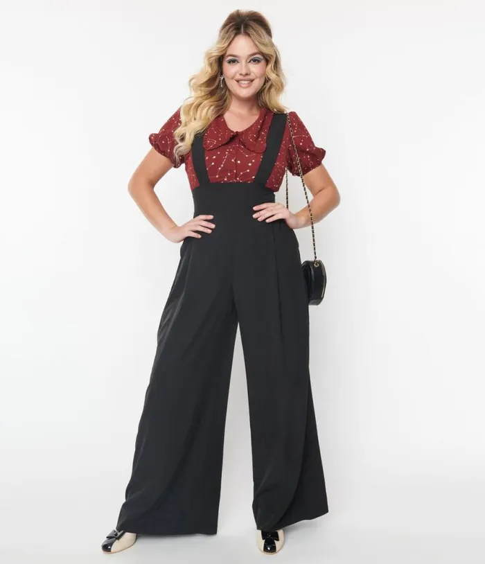 Black Wide Leg Rochelle Suspender Pants Clothing Unique Vintage Pants