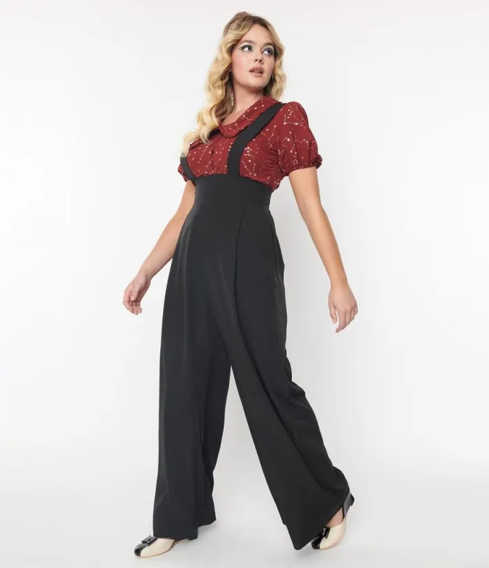 Black Wide Leg Rochelle Suspender Pants Clothing Unique Vintage Pants