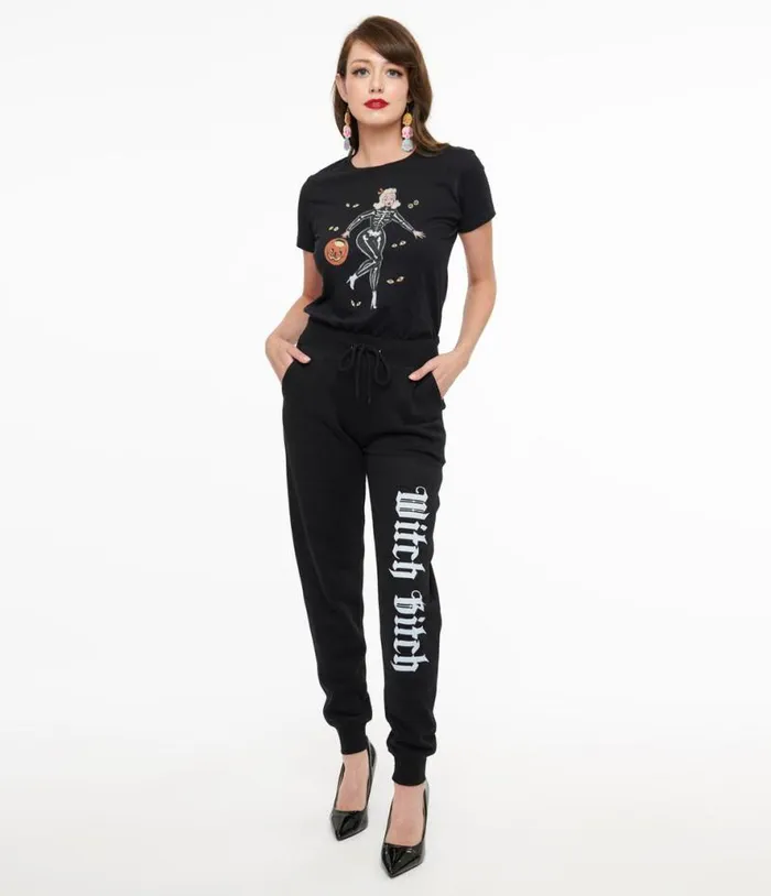 Black Witch Bitch Fleece Sweatpants ClothingPlus Unique Vintage Pants