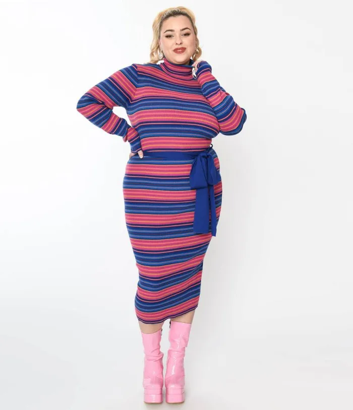 Blue and Fuchsia Striped Midi Bodycon Dress DressesPlus Unique Vintage Pencil Blue and Fuchsia Striped Midi Bodycon Dress DressesPlus Unique Vintage Pencil