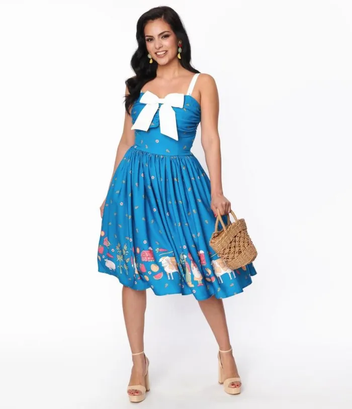 Blue and White Farm Border Golightly Swing Dress Dresses Unique Vintage Pocket Dresses Blue and White Farm Border Golightly Swing Dress Dresses Unique Vintage Pocket Dresses
