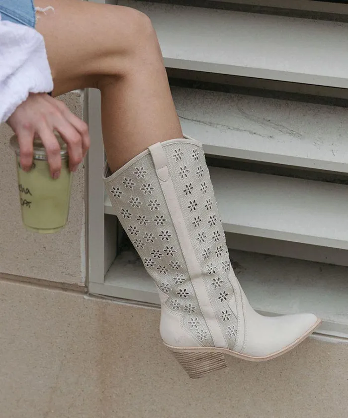 Boots and Booties Shop Dolce Vita Navene Boots Oatmeal Floral Eyelet Oatmeal Floral Eyelet