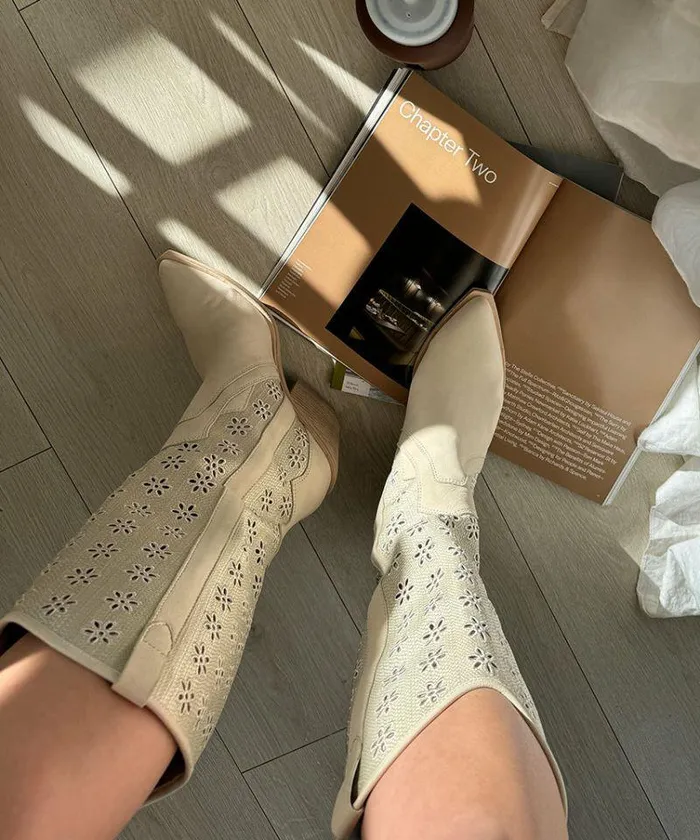 Boots and Booties Shop Dolce Vita Navene Boots Oatmeal Floral Eyelet Oatmeal Floral Eyelet