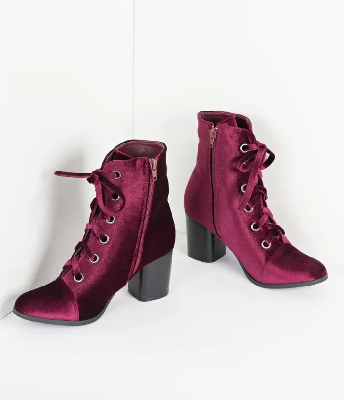 Bordeaux Purple Velvet Lace Up Bootie Shoes Unique Vintage Heels