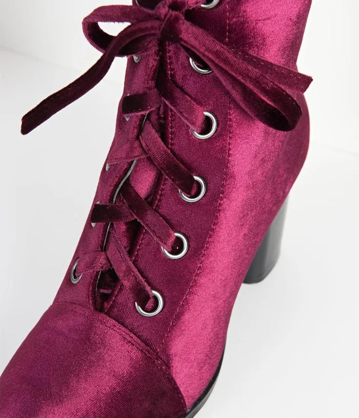 Bordeaux Purple Velvet Lace Up Bootie Shoes Unique Vintage Heels